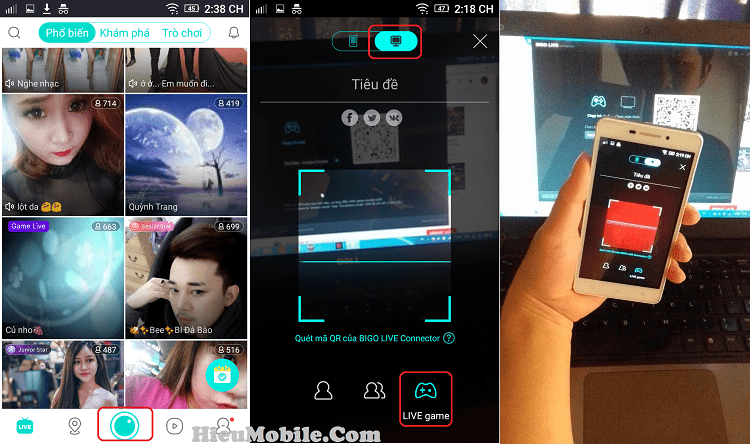 Giao diện ứng dụng Bigo Live trên điện thoại để quét mã QR và phát trực tiếp màn hình