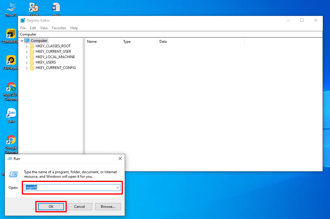 Mở Registry Editor qua Run