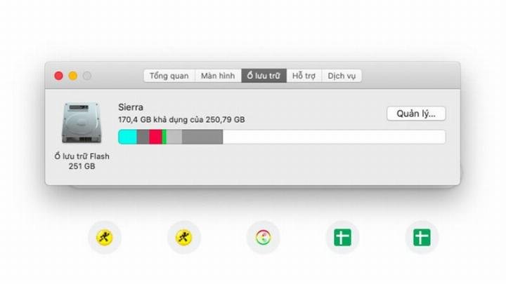 Phân tích dung lượng ổ cứng MacBook đã sử dụng và còn trống.