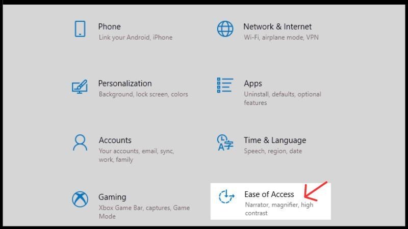 Kéo xuống dưới và chọn dòng lệnh Easy of Access