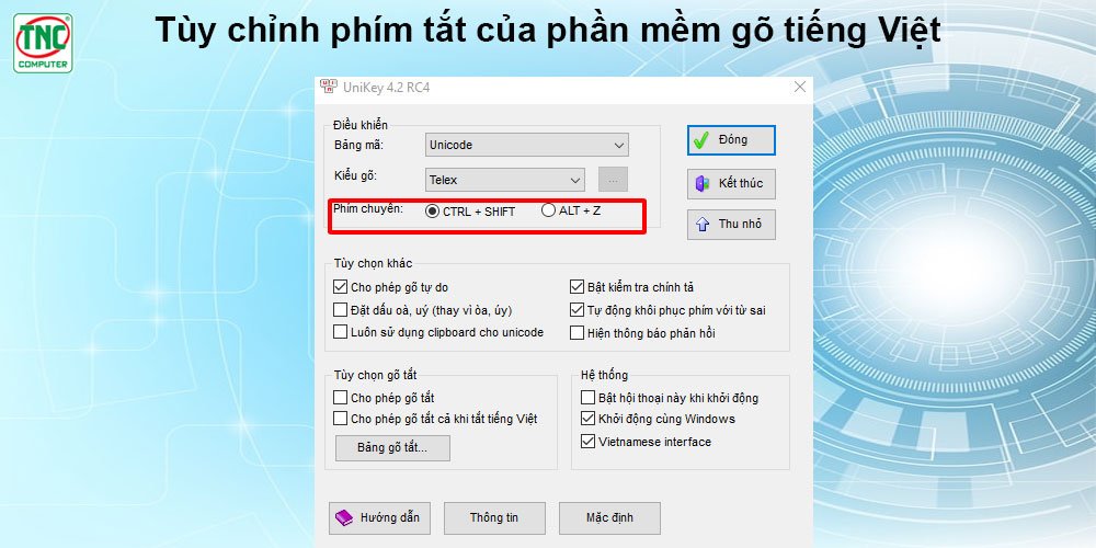 Giao diện Unikey với cài đặt 'Phím chuyển' cho phép người dùng tùy chỉnh phím tắt chuyển đổi chế độ gõ tiếng Việt