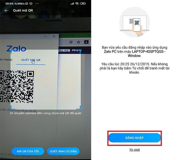 Quét mã QR để đăng nhập Zalo trên PC khi đã quên mật khẩu