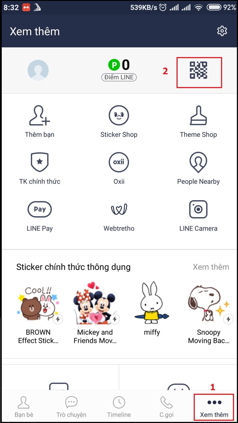Mở ứng dụng Line trên điện thoại và chọn biểu tượng QR Code