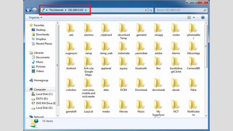 Thanh tìm kiếm trên Windows để nhập địa chỉ FTP kết nối Android với máy tính qua Wifi