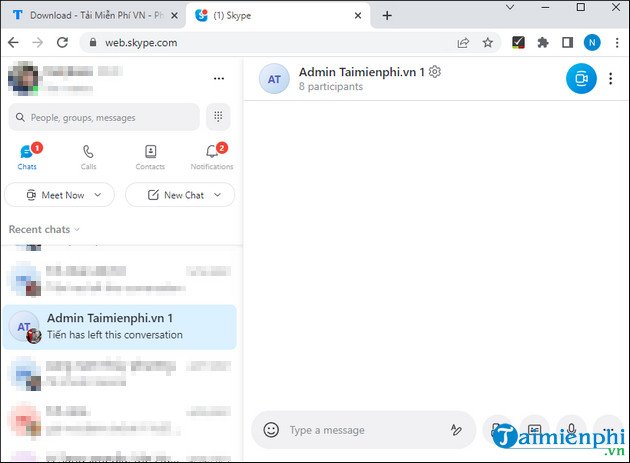 Giao diện chính sau khi đăng nhập Skype trên máy tính online