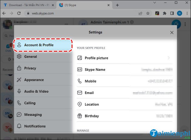 Tab Account & Profile trong cài đặt Skype Web