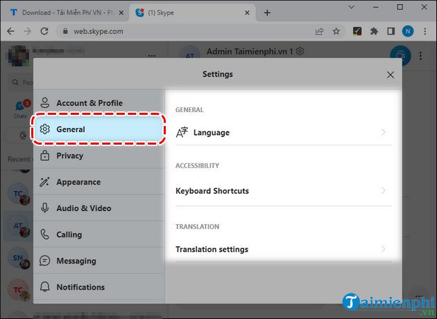 Tab General trong cài đặt Skype Web