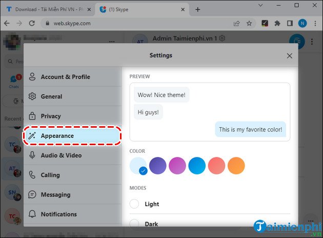 Tab Appearance để thay đổi giao diện Skype Web