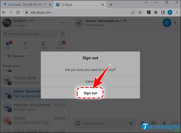 Xác nhận đăng xuất khỏi Skype Web Online Chat