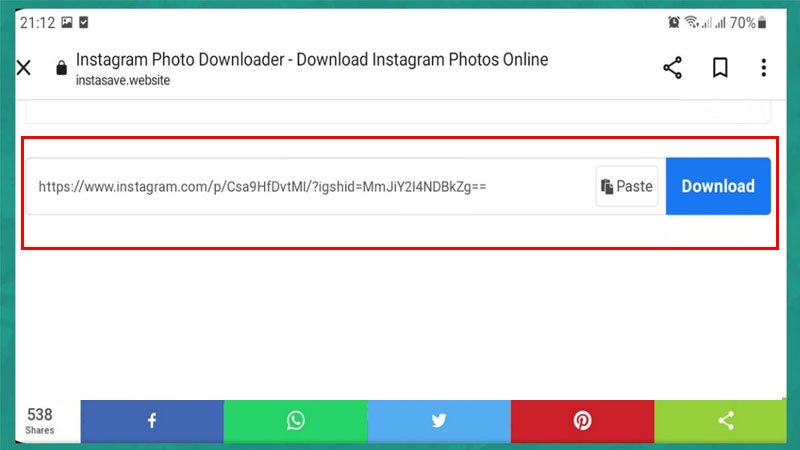 Giao diện Instasave để tải ảnh Instagram