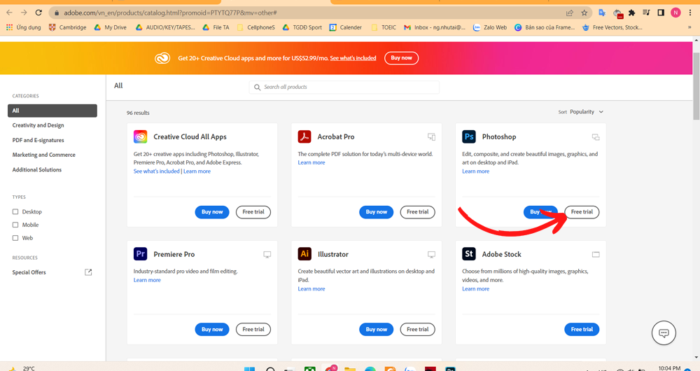 Trang web Adobe với tùy chọn Free Trial và Buy Now cho Photoshop