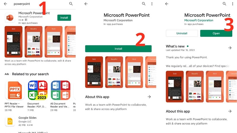 Giao diện Google Play Store với ứng dụng Microsoft PowerPoint