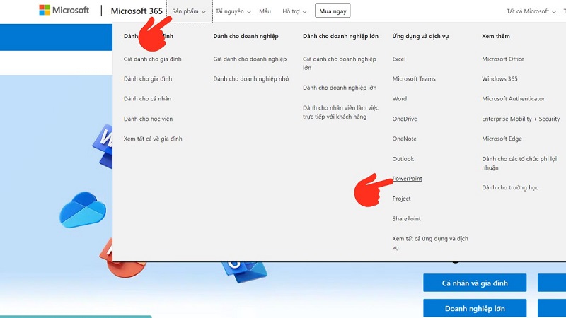 Trang chủ Microsoft với tùy chọn Microsoft 365
