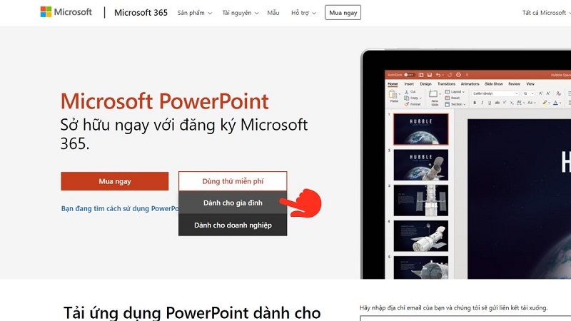 Lựa chọn gói dùng thử Microsoft 365 cá nhân hoặc gia đình