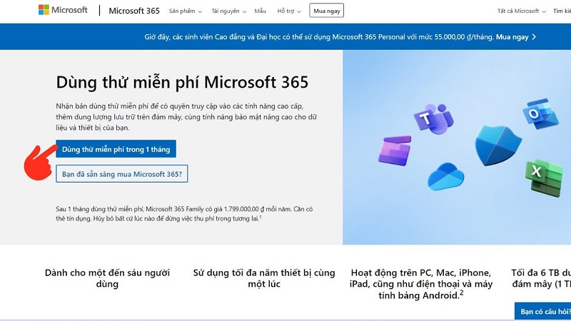 Trang đăng nhập tài khoản Microsoft để kích hoạt dùng thử