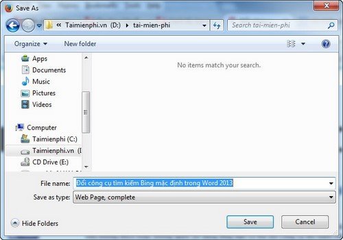 Hộp thoại Save As trong Firefox, chọn Web Page, complete