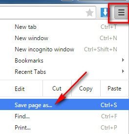Menu ba chấm của Chrome với tùy chọn Save page as được chọn