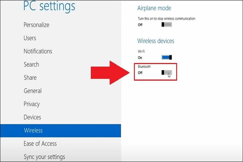 Tắt Bluetooth trong phần Wireless của máy tính Win 8