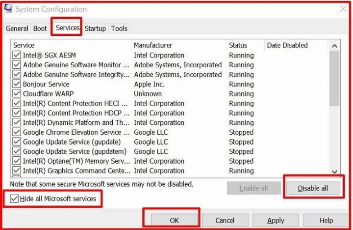 Tắt dịch vụ không cần thiết trong tab Services của msconfig