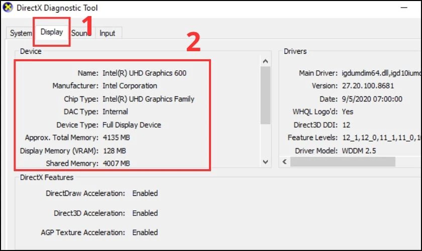 Thông tin chi tiết về thông số màn hình máy tính chuẩn trong DirectX Diagnostic Tool