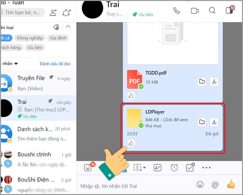 Thư mục đã được gửi thành công qua Zalo trên máy tính