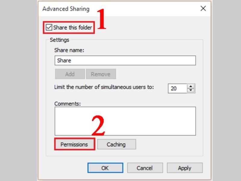 Tích chọn Share this folder để chia sẻ dữ liệu trên máy tính