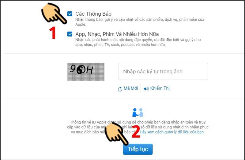 Tick vào khung Các Thông Báo..., nhập mã Captcha và chọn Tiếp tục khi tạo tài khoản iCloud
