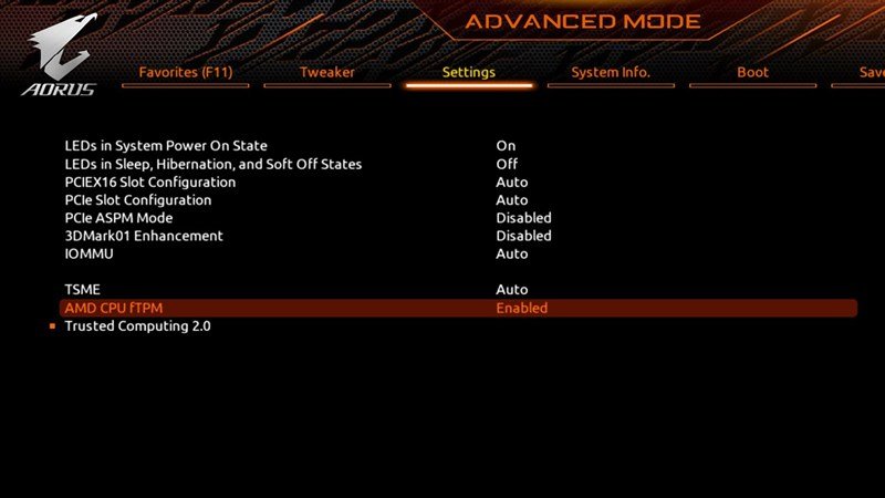 Kích hoạt fTPM cho CPU AMD trong BIOS