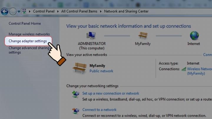 Truy cập Change adapter settings trong Network and Sharing Center