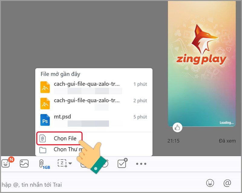 Tùy chọn chọn file để gửi qua Zalo trên máy tính