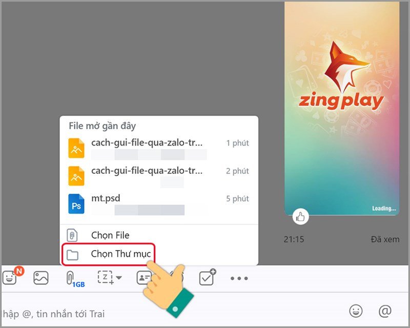Tùy chọn chọn thư mục để gửi trên Zalo máy tính