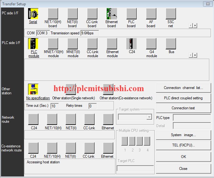 Vào Transfer Setup để cấu hình kết nối PLC Mitsubishi với máy tính