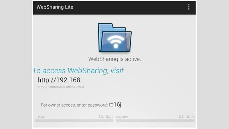 Giao diện ứng dụng WebSharing Lite hiển thị địa chỉ truy cập web