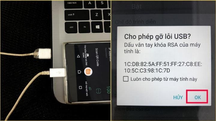 Xác nhận Debug để kết nối điện thoại với Mirroid