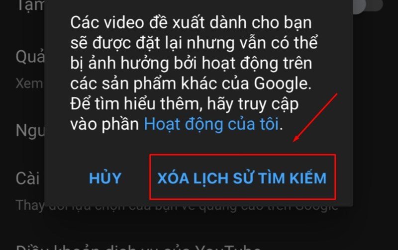 Xác nhận xóa lịch sử YouTube