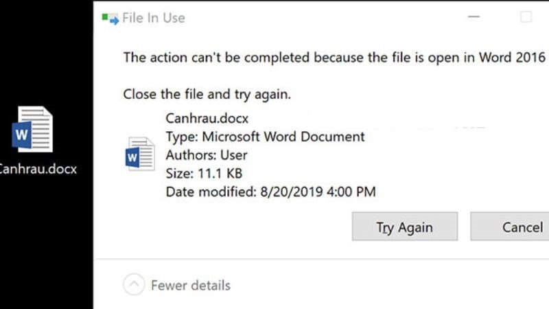 File Word không thể xóa do đang được mở trên máy tính