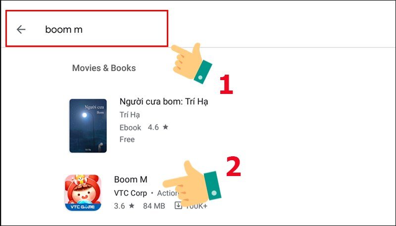 Tìm kiếm game Boom M trên Google Play Store để tải về máy tính