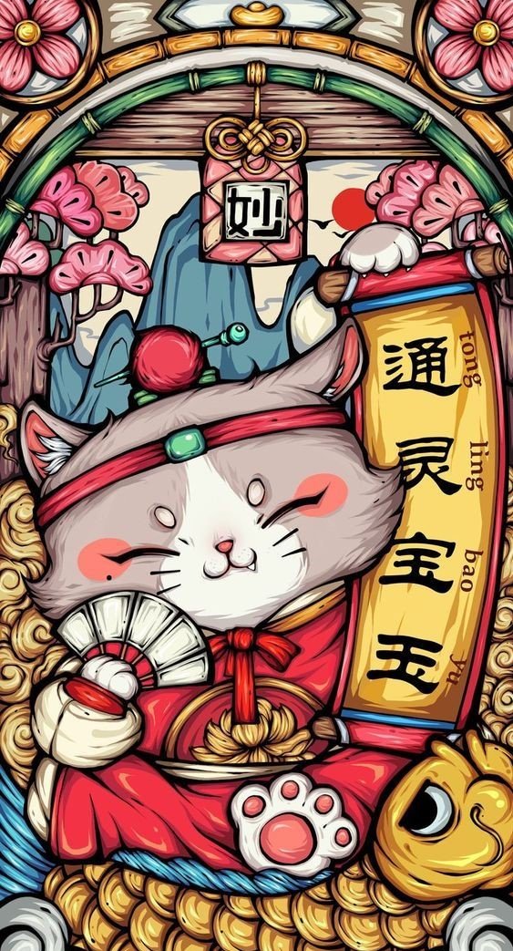Background mèo thần tài dễ thương cho điện thoại