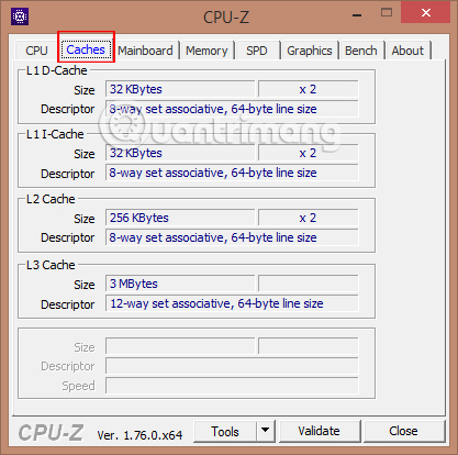 Chi tiết bộ nhớ đệm CPU qua CPU-Z