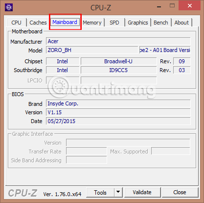 Thông số bo mạch chủ của máy tính với CPU-Z