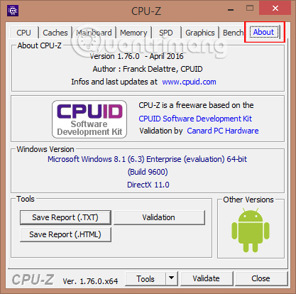 Thông tin phiên bản CPU-Z