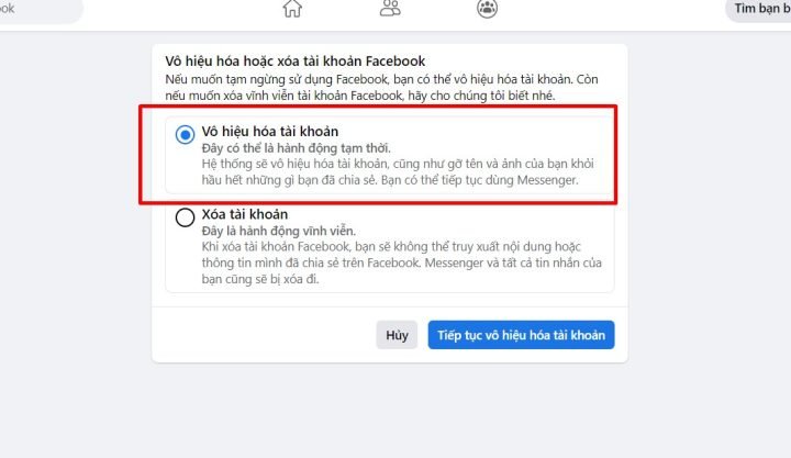 Vô Hiệu Hóa Tài Khoản Facebook Trên Máy Tính - Chọn Vô hiệu hóa tài khoản
