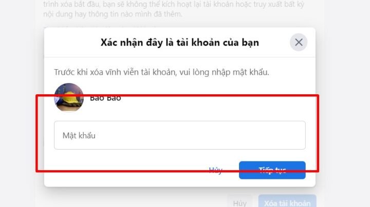 Xóa Tài Khoản Facebook Trên Máy Tính - Nhập mật khẩu xác nhận