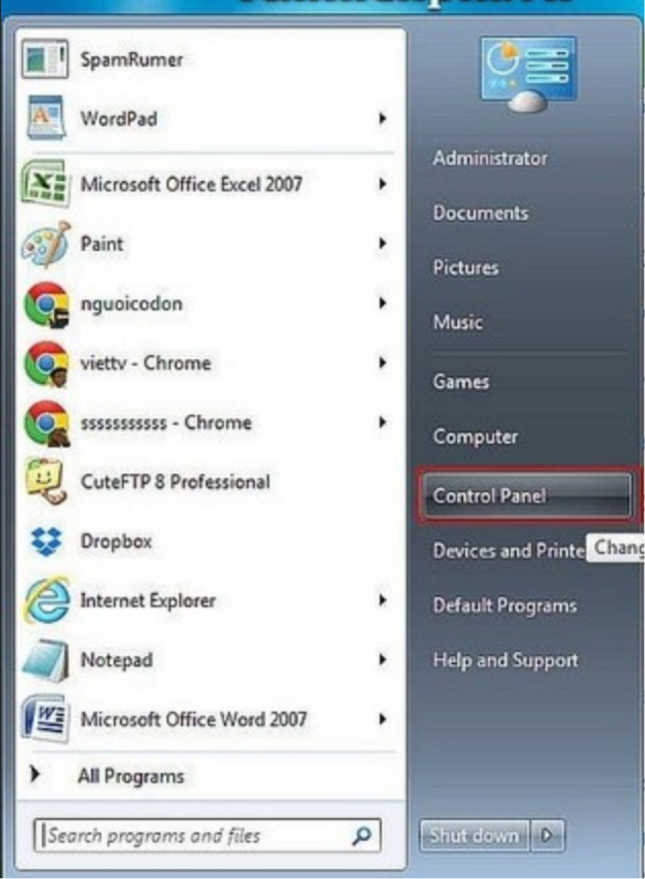 Vào Control Panel để sửa màn hình máy tính bị đen Win 7