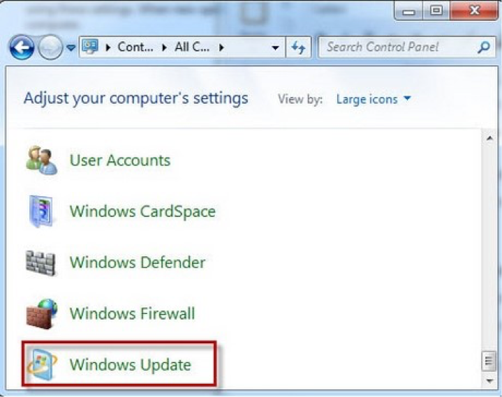 Chọn Windows Update trong Control Panel để sửa màn hình máy tính bị đen Win 7