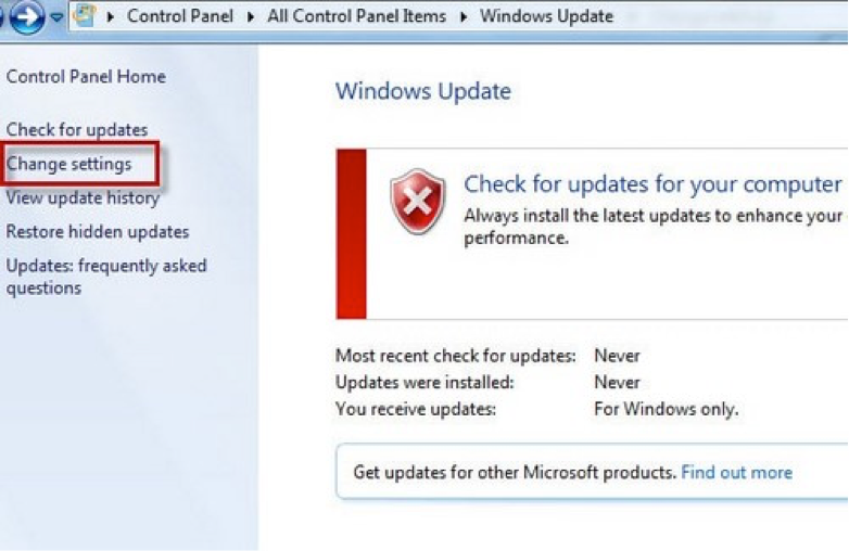 Chọn Change settings trong Windows Update để sửa màn hình máy tính bị đen Win 7