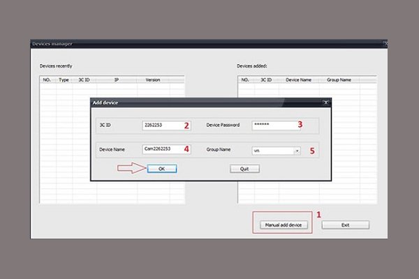 Màn hình để thêm thiết bị camera thủ công vào CMS Client với các thông số cần nhập