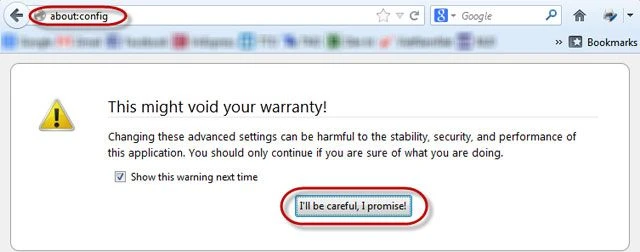 Truy cập about:config trong Firefox để thay đổi User Agent cho chế độ duyệt web mobile trên máy tính