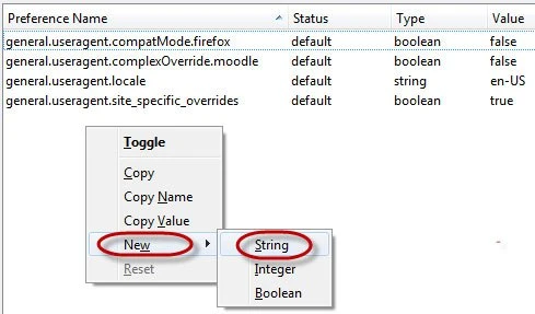 Chọn tạo New String trong about:config của Firefox