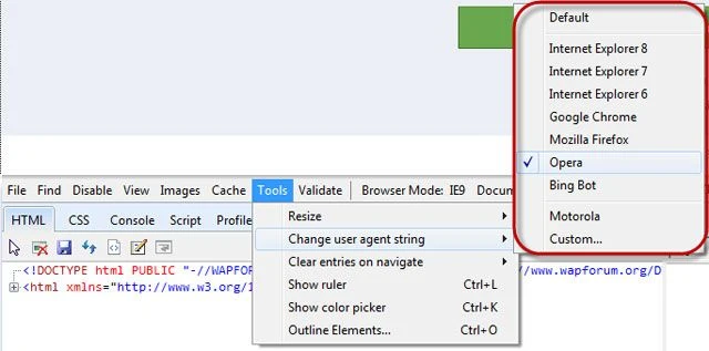 Thay đổi User Agent String trong F12 Developer Tools của IE để xem chế độ duyệt web mobile trên máy tính